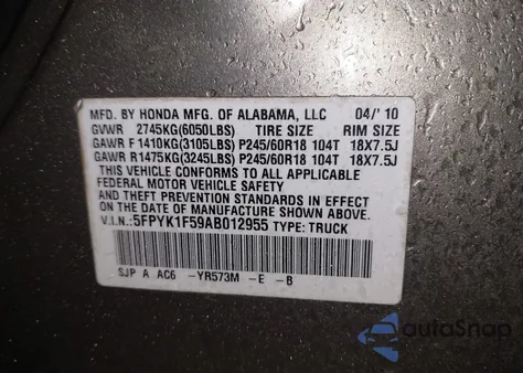 2010 Honda Ridgeline Rtl from USA, damaged, VIN 5FPYK1F59AB012955